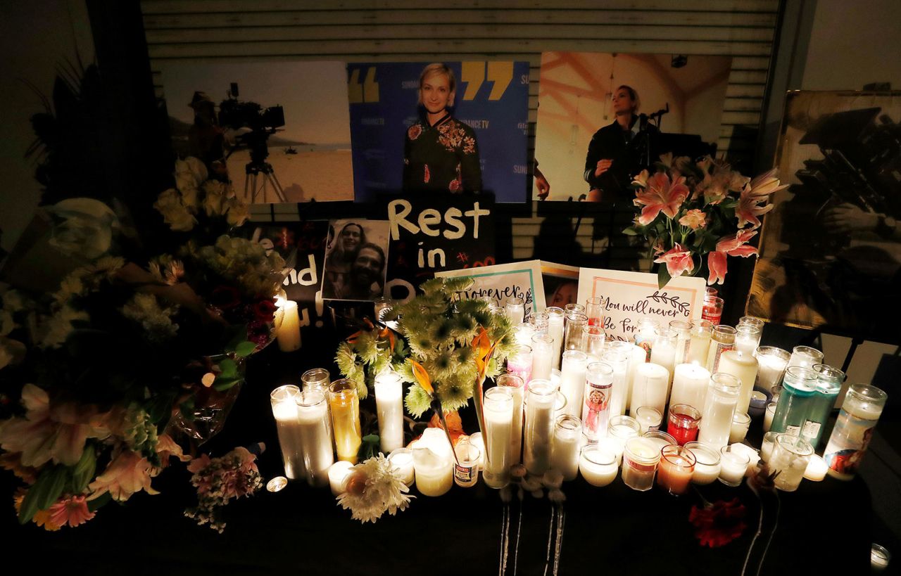 Candles are lighted during a vigil for late cinematographer Halyna Hutchins in California in October 2021. 