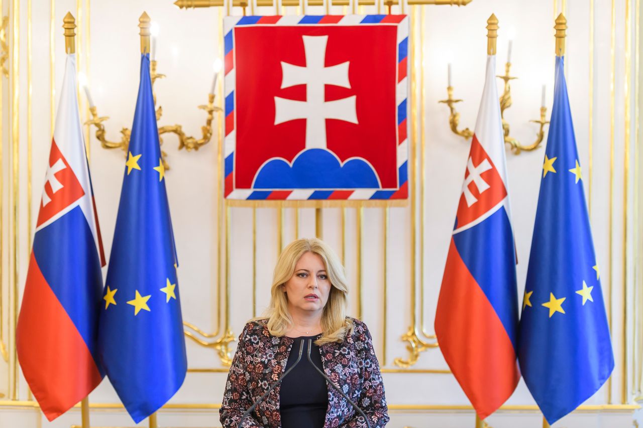 Slovak president Zuzana Caputova speaks during a press conference in Bratislava, Slovakia, on May 15, after Slovak Prime Minister Robert Fico was shot and injured. 