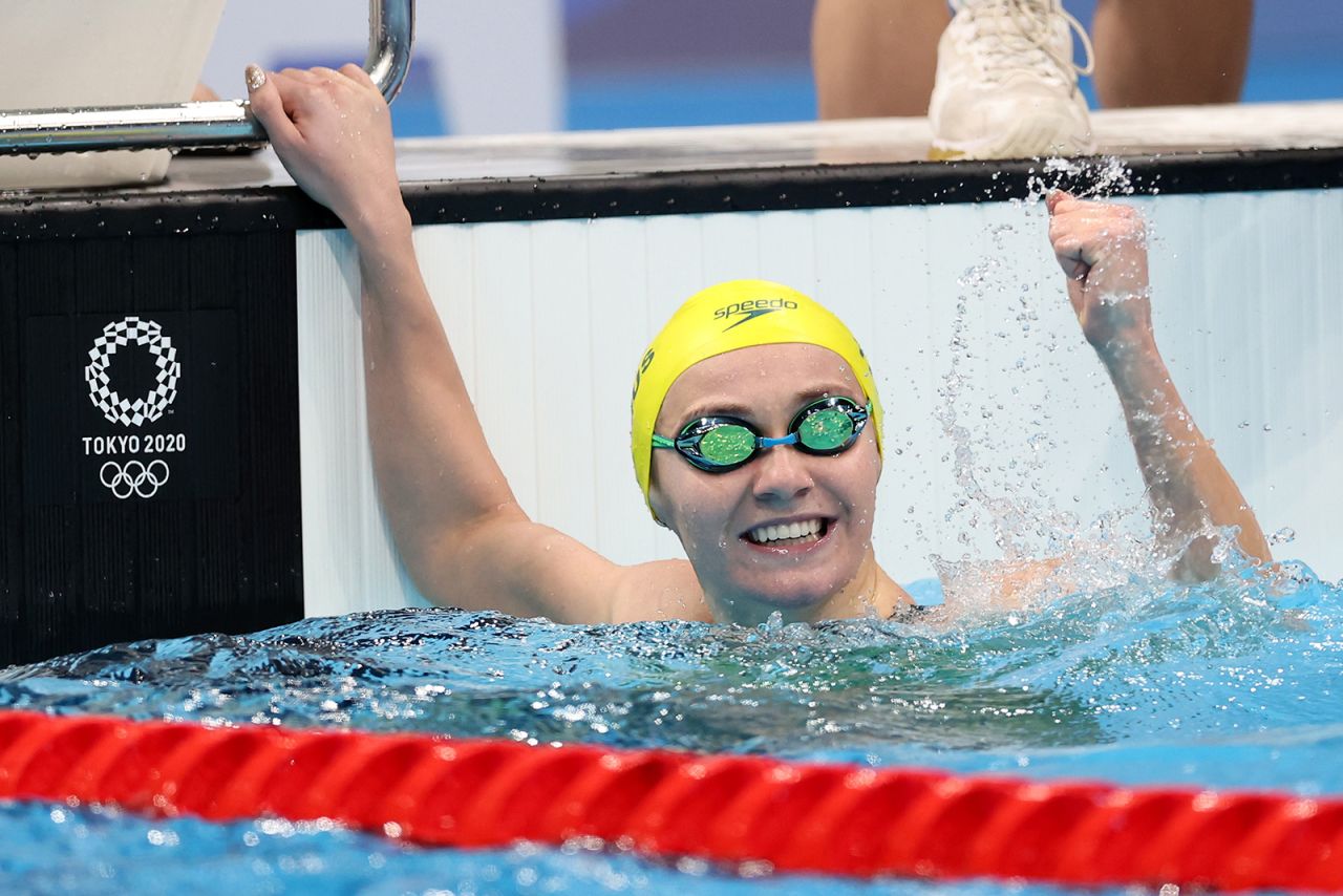 Ariarne Titmus of Team Australia celebrates after competing in the 200m Freestyle Final on July 28.