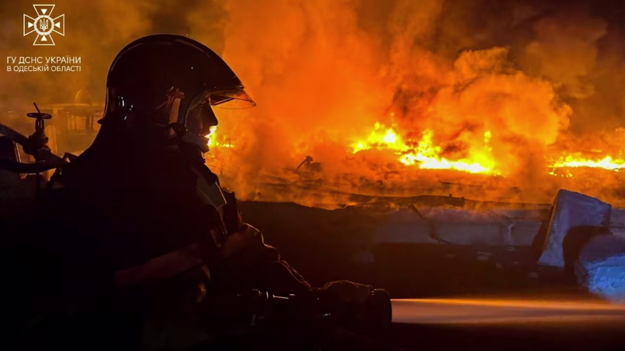 Firefighters respond to fire after Russian drone attack in Odesa region.