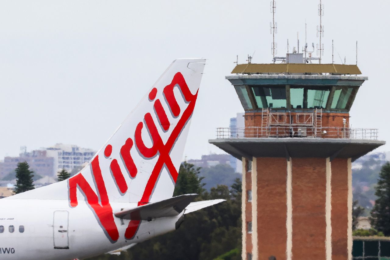 The Virgin logo displayed on an aircraft tail at Sydney Airport on January 20, in Sydney, Australia.