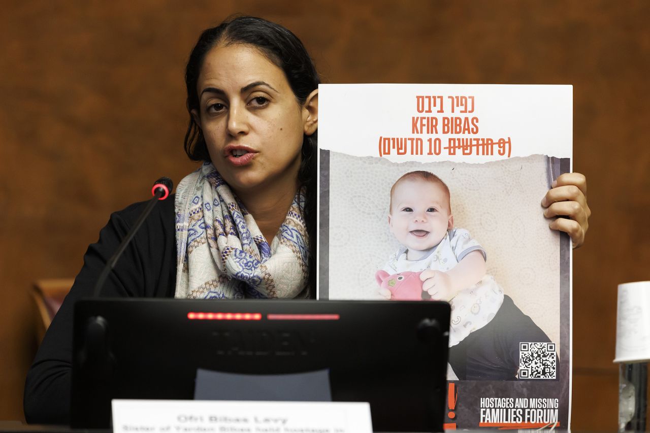 Ofri Bibas Levy, sister of Yarden Bibas held hostage in Gaza with his wife Shiri and two children Kfir and Ariel, during a press conference at the European headquarters of the United Nations in Geneva, Switzerland, on November 14.