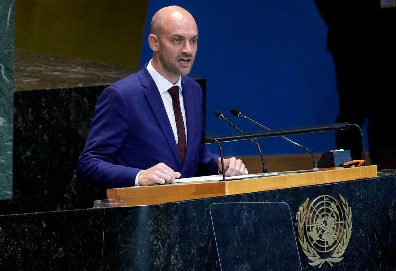 Jean-Noel Barrot speaks at the United Nations General Assembly, on Monday.