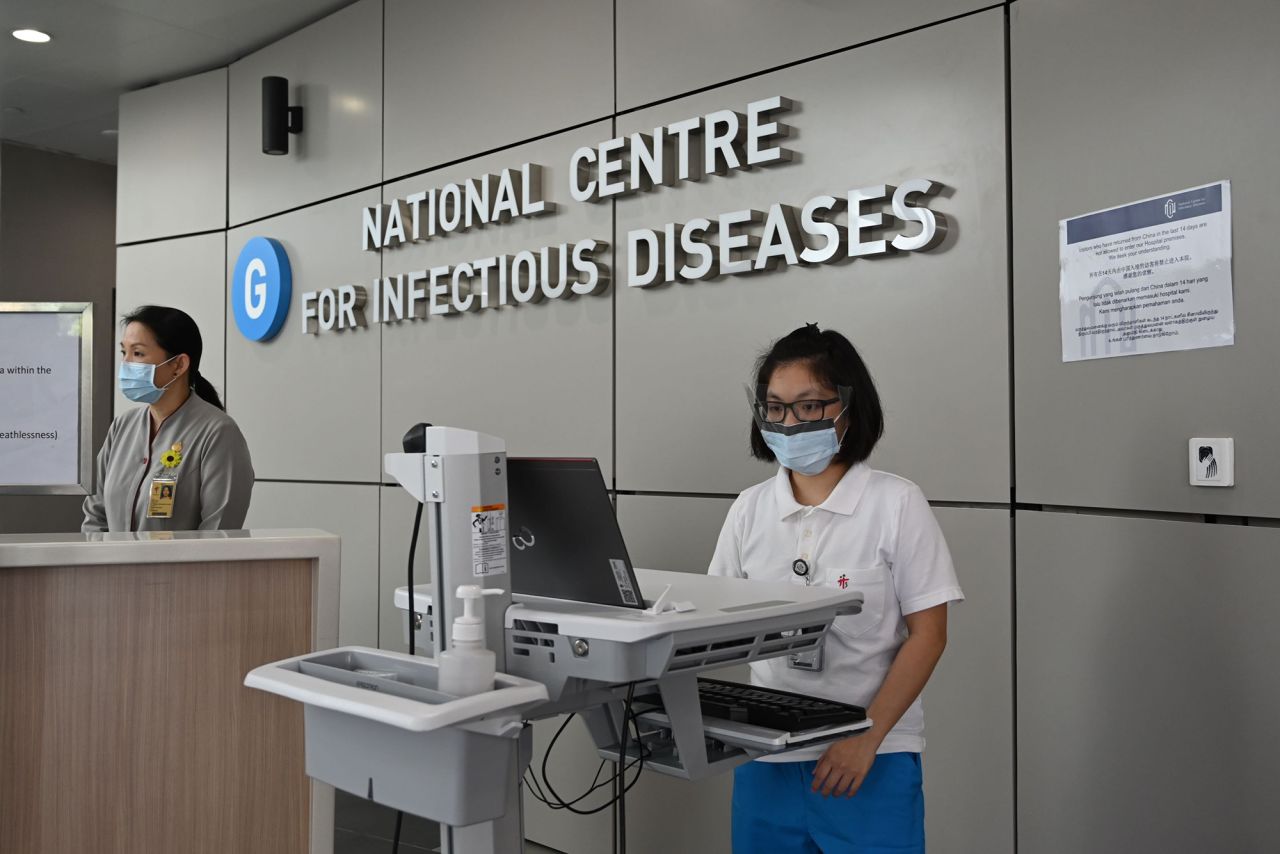 Medical staff at the National Centre for Infectious Diseases building at Tan Tock Seng Hospital in Singapore on January 31.