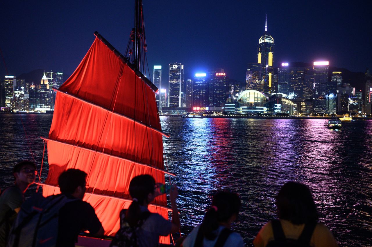 Tourists in Hong Kong's Tsim Sha Tsui district on August 7, 2019.