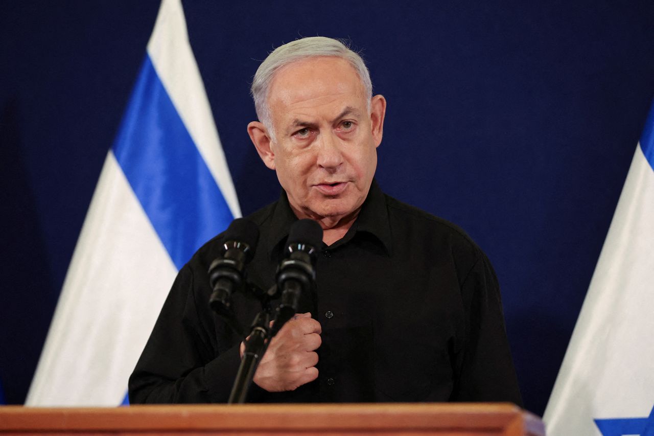 Israeli Prime Minister Benjamin Netanyahu holds a press conference in the Kirya military base in Tel Aviv, Israel, on October 28.