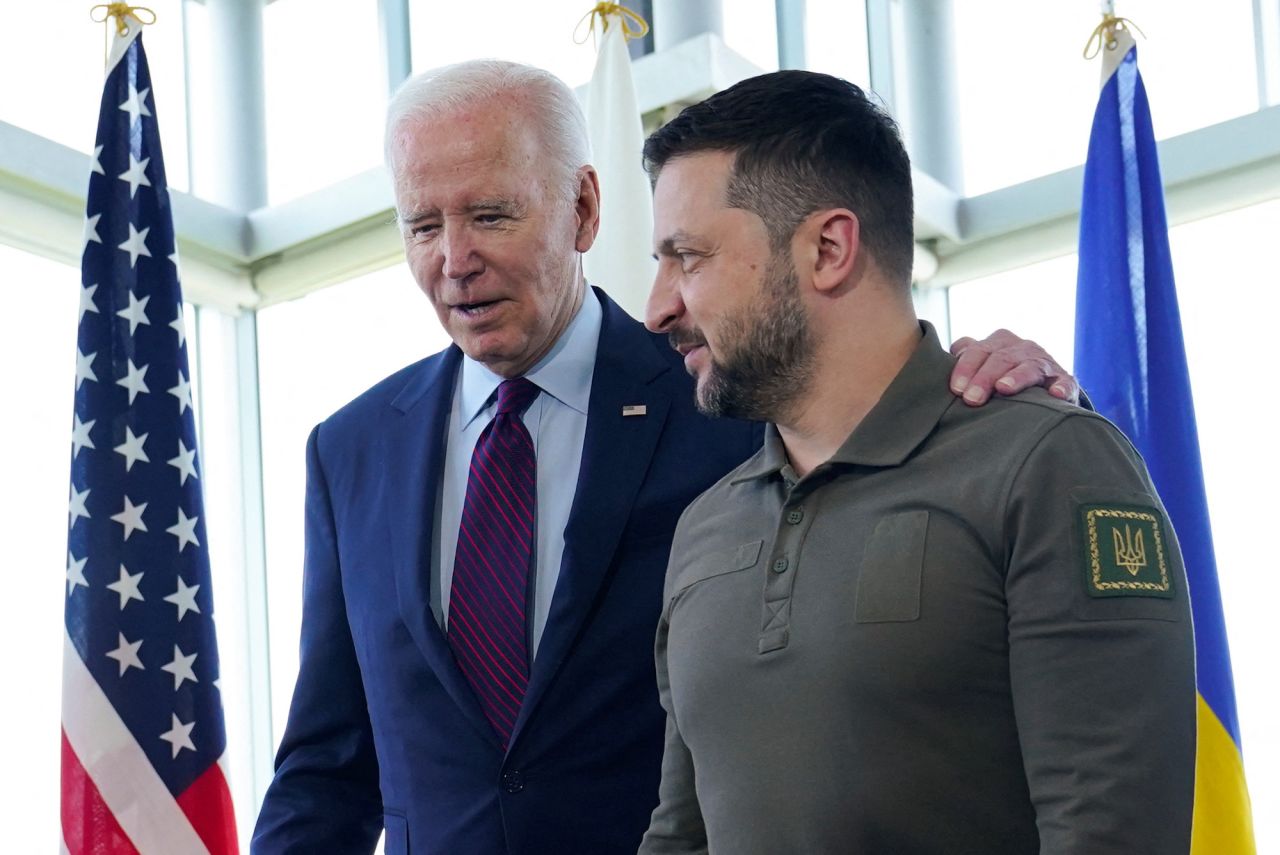 Joe Biden walks with Volodymyr?Zelenskiy?ahead of a working session on Ukraine during the G7 Summit in Hiroshima on Sunday.