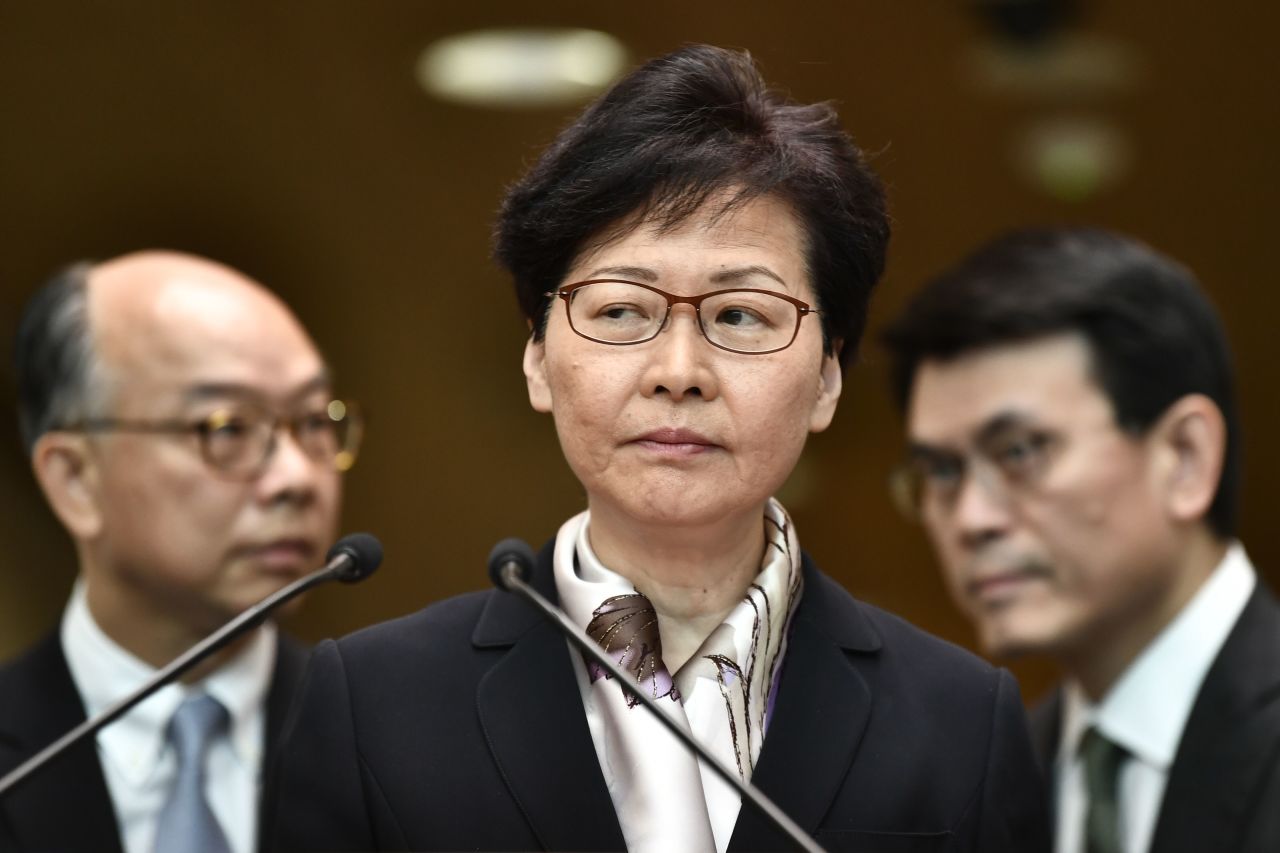 Hong Kong leader Carrie Lam at her news conference Monday. Lam spoke for under an hour about the state of the city amid recent political turmoil.