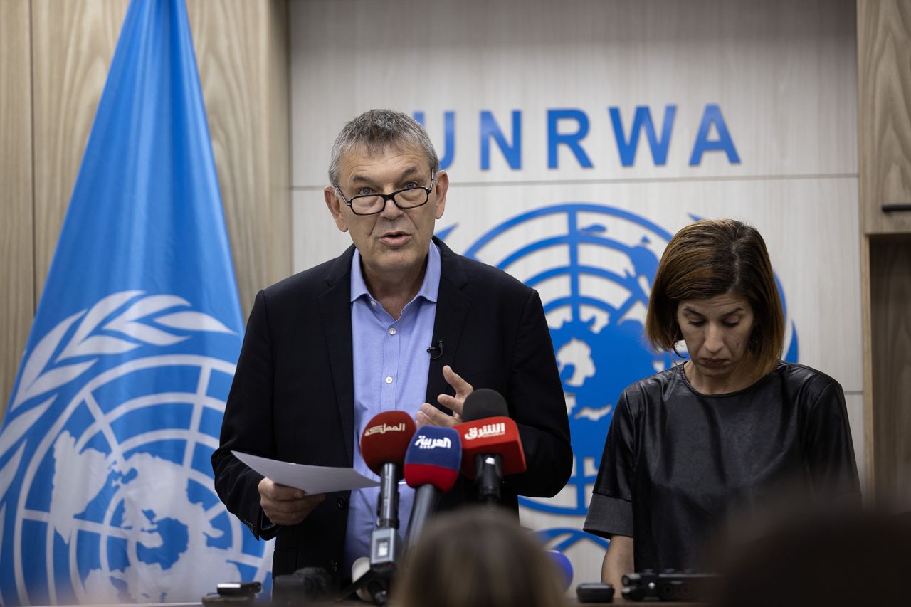 Philippe Lazzarini, Commissioner-General of the United Nations Relief and Works Agency for Palestine Refugees in the Near East (UNRWA) holds a news conference in Jerusalem on October 27.