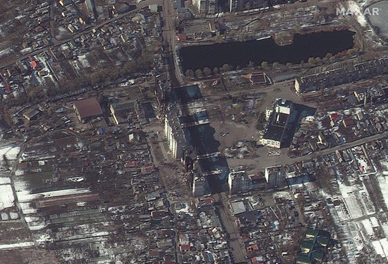 A series of apartment buildings demolished are seen in Borodyanka, Ukraine, a town just northwest of Kyiv.