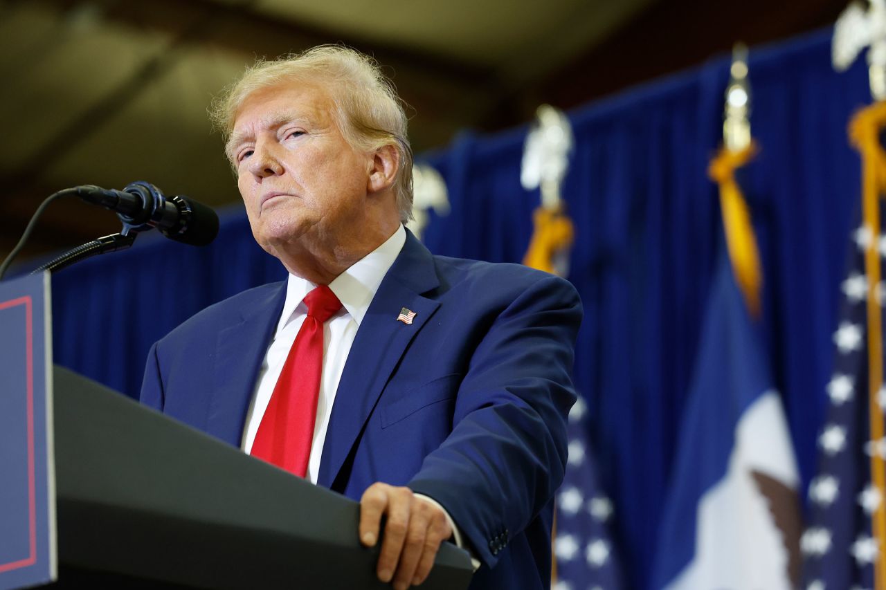 Former President Donald Trump speaks at a campaign rally on January 5, 2024 in Mason City, Iowa. 