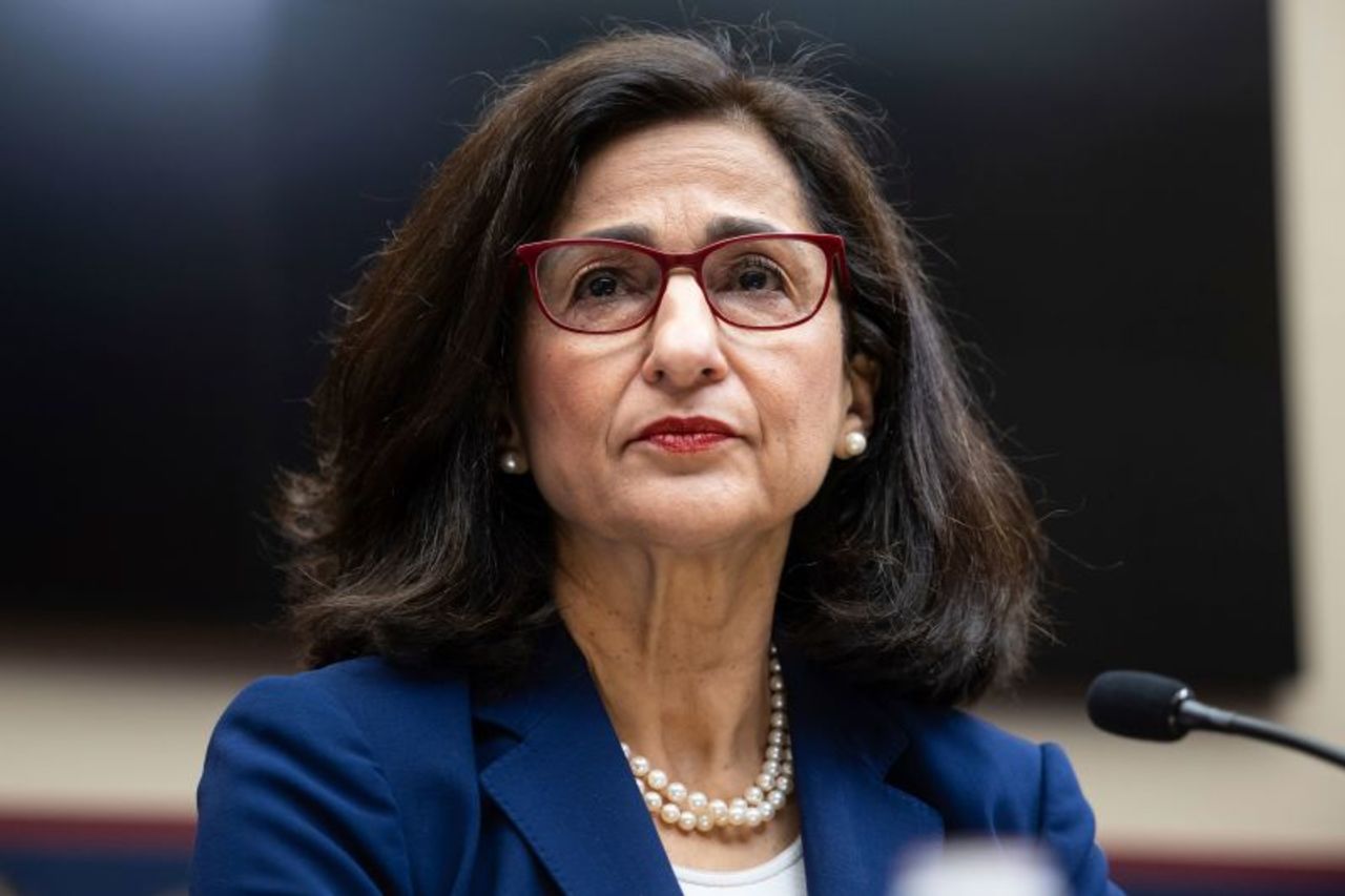 Columbia University President Minouche Shafik prepares to testify before the House Education and Workforce Committee during a hearing on Columbia University's response to antisemitism in Washington, DC, on April 17.?