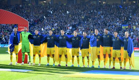 The Ukraine team lines up prior to the FIFA World Cup playoff semifinal match at Hampden Park on June 1. 