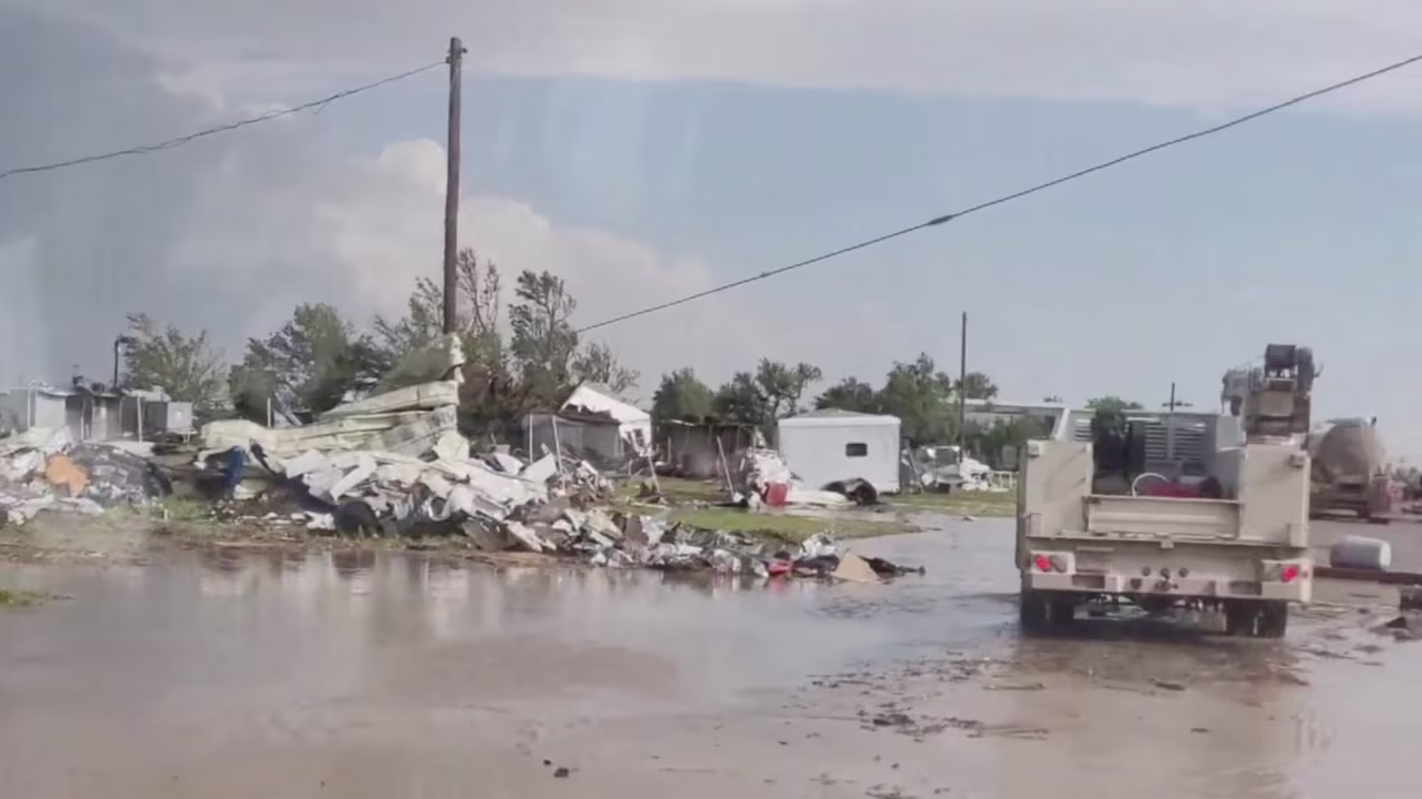 A screengrab obtained from a social media video shows a  view of a damaged site in Perryton as the town gets struck by a tornado on Thursday.