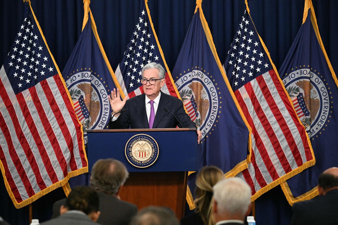 US Federal Reserve Chairman Jerome Powell holds a press conference in Washington, DC, on September 20.