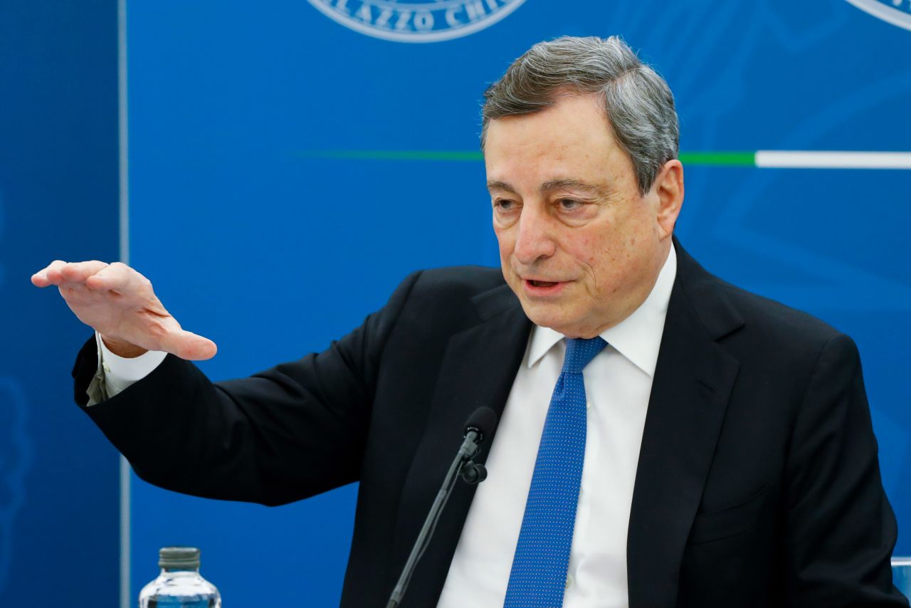 Italian Prime Minister Mario Draghi speaks during a news conference in Rome on April 16.