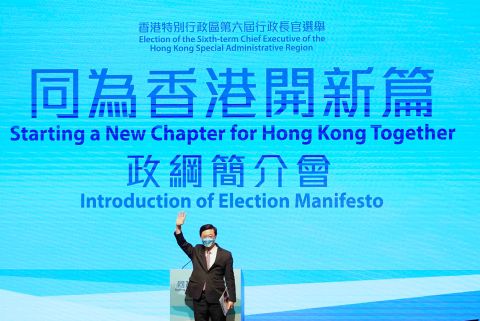 John Lee, candidate for the upcoming Hong Kong Special Administrative Region's HKSAR sixth-term chief executive election early next month, releases his election manifesto in Hong Kong on April 29.
