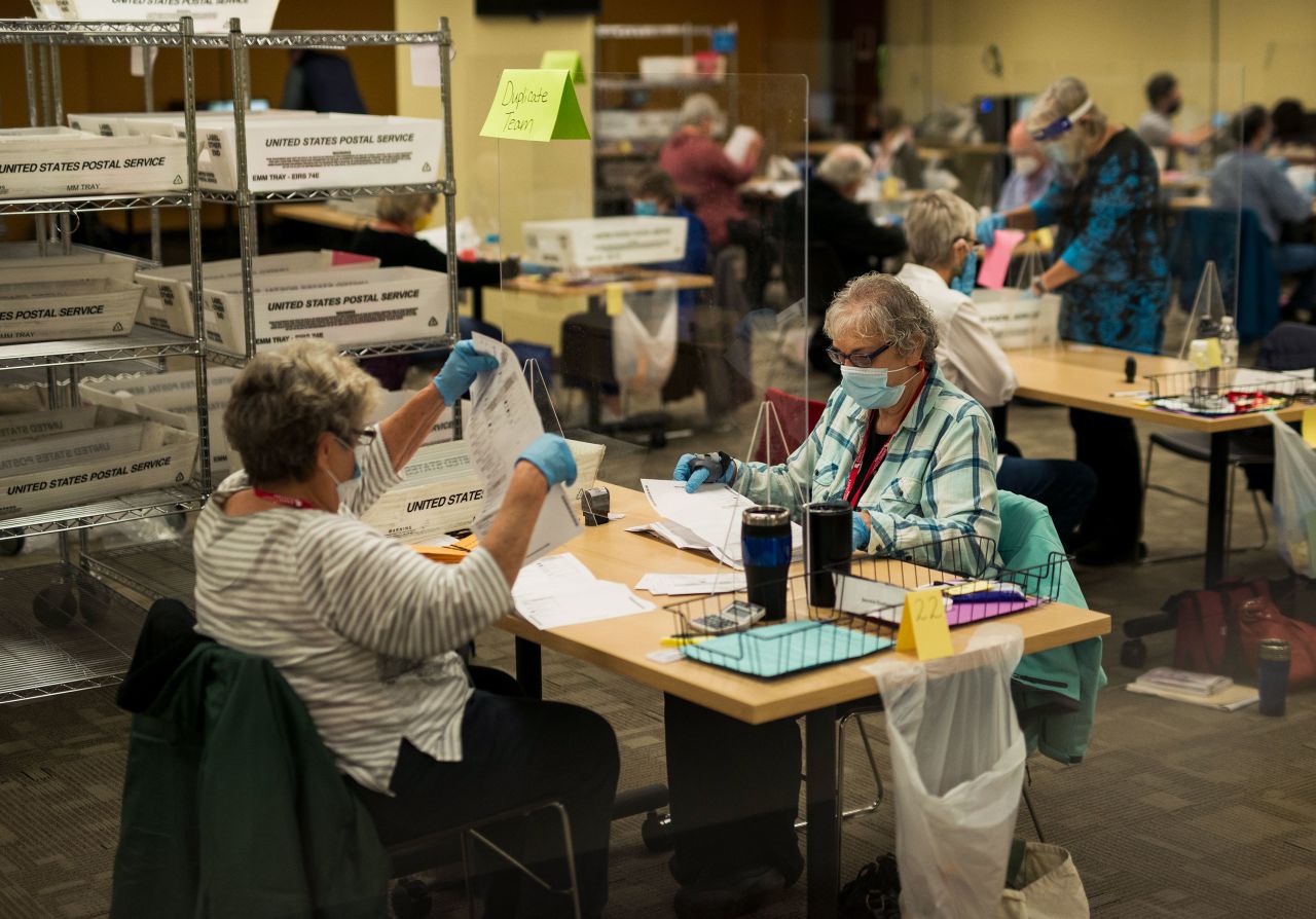 Volunteers process absentee ballots at Ramsey County's absentee ballot count center on November 2 in St Paul, Minnesota. 