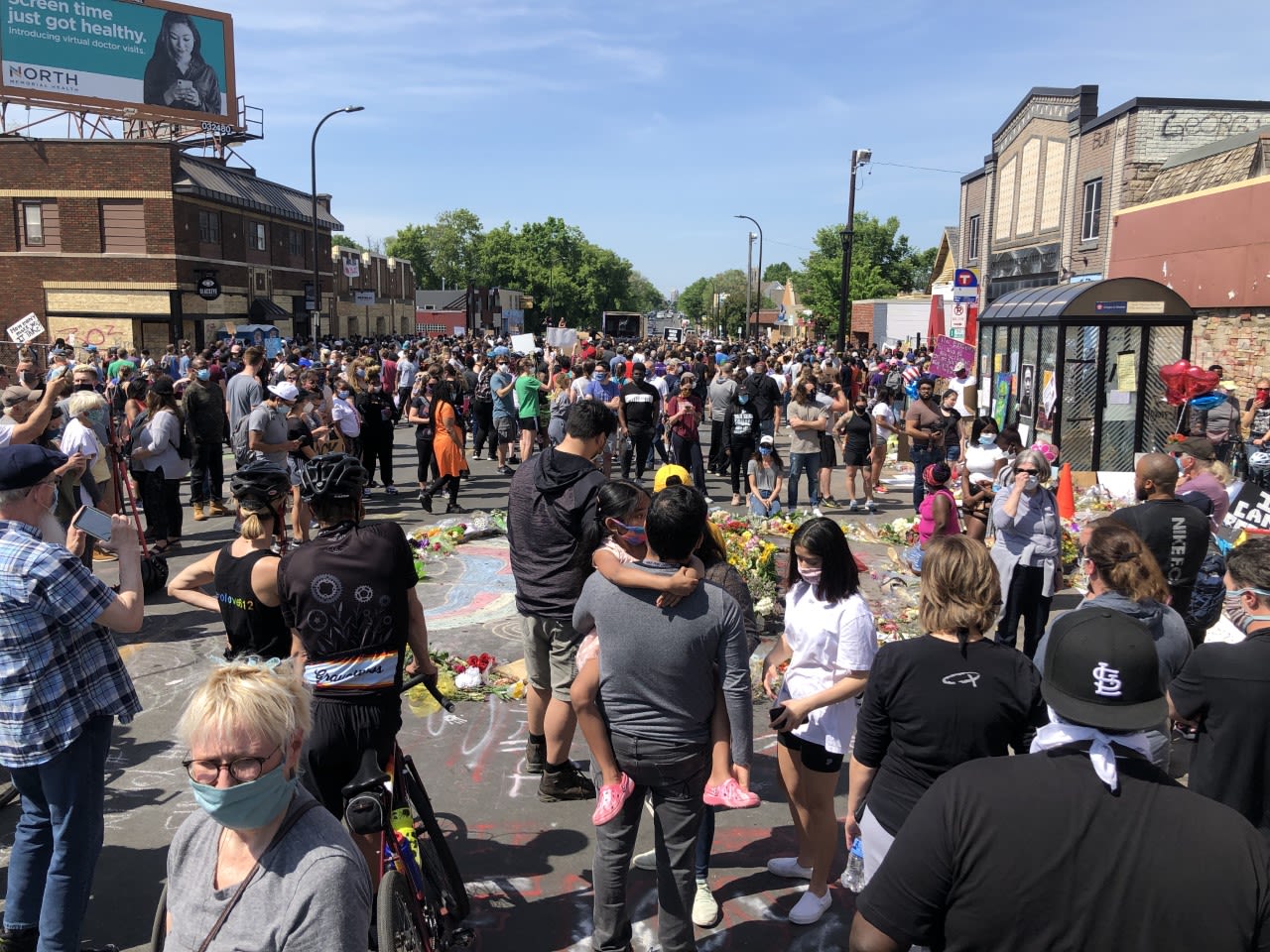 Protesters gather where George Floyd was arrested in Minneapolis on May 31, 2020. 