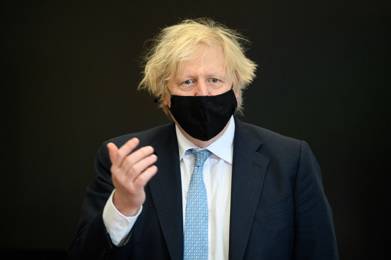 Prime Minister Boris Johnson speaks at Colham Manor primary school during a constituency visit on March 18 in Uxbridge, England. 