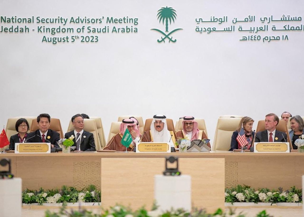 Representatives from China, the U.S., and Saudi Arabia attend talks in Jeddah, Saudi Arabia, on August 6.