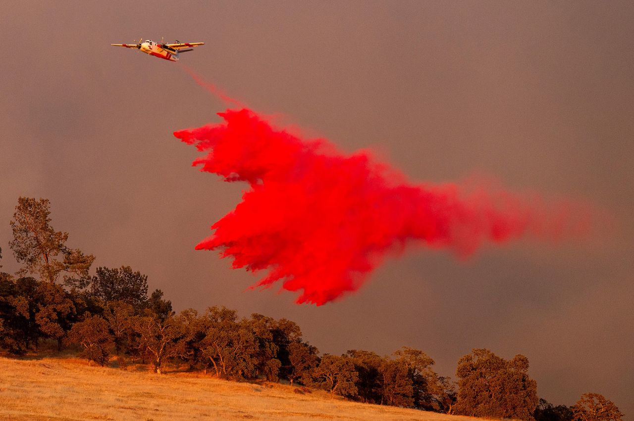 An air tanker drops retardant while battling the Aero Fire in Calaveras County, California, on June 17.