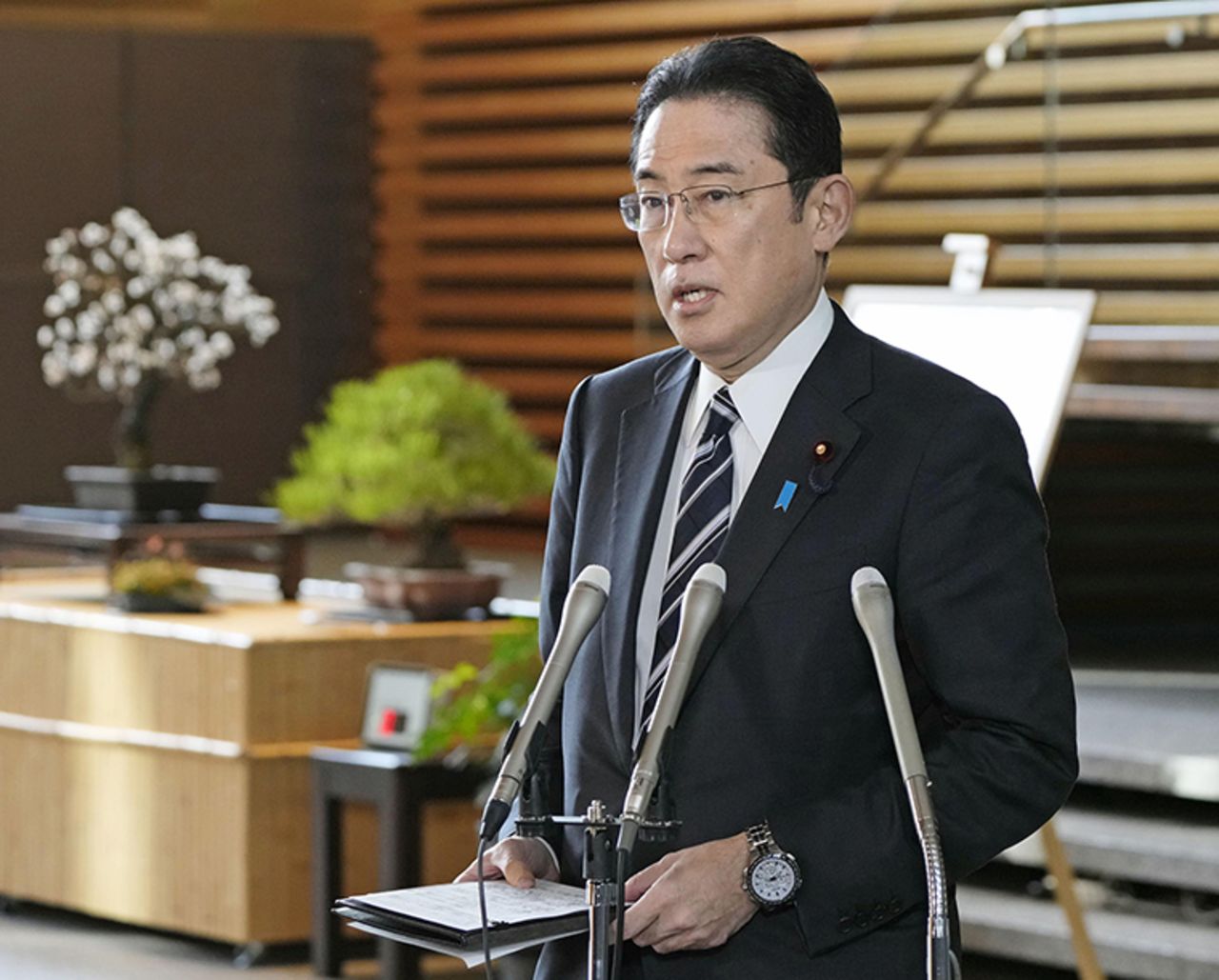 Japanese Prime Minister Fumio Kishida speaks to reporters at his office in Tokyo on Tuesday.