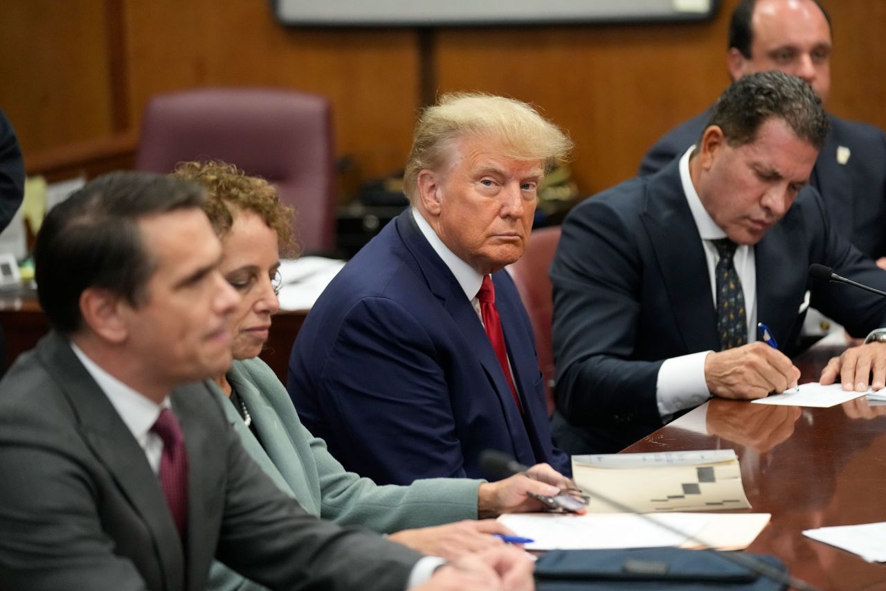 Former President Donald Trump sits at the defense table with his defense team in a Manhattan court during his arraignment on April 4, 2023, in New York City. 