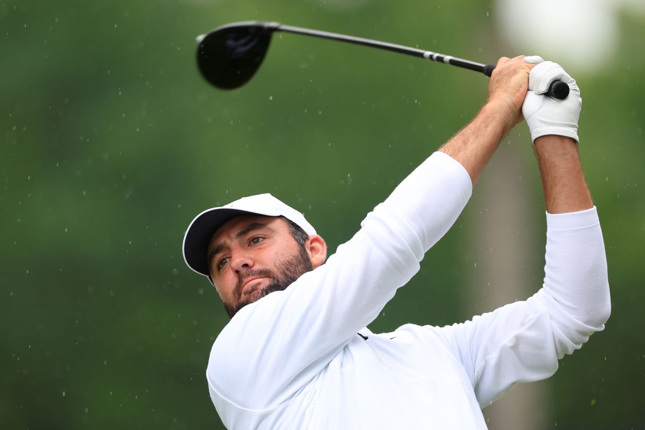 Scottie Scheffler plays his shot from the 12th tee on May 17, in Louisville, Kentucky. 