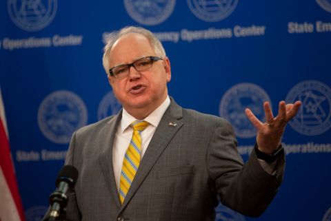 Minnesota Gov. Tim Walz provides an update on the state's response to the coronavirus at JBS Pork processing plant during a news conference in St. Paul, Minnesota. on Friday, April 17.