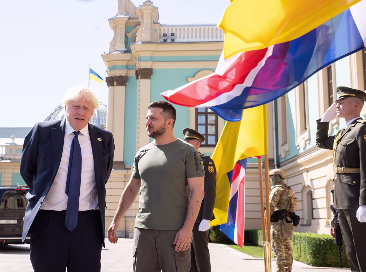 British Prime Minister Boris Johnson visits Ukrainian president Volodymyr Zelensky in Kyiv, Ukraine, on August 24.