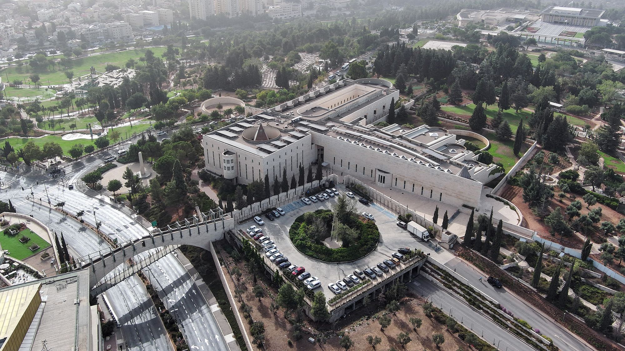 An aerial view shows Israel's Supreme Court on the morning it is set to discuss petitions against new legislation that Israeli Prime Minister Benjamin Netanyahu's religious-nationalist coalition passed as part of a plan to overhaul the judiciary, in Jerusalem, on September 12, 2023.