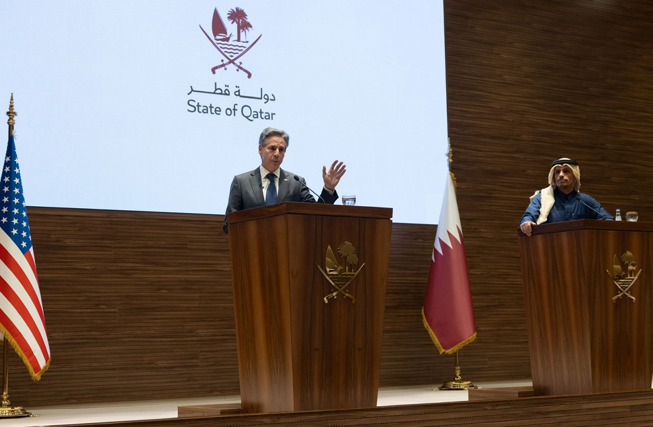 Qatari Prime Minister Sheikh Mohammed bin Abdulrahman Al Thani and US Secretary of State Antony Blinken hold a joint press meeting in Doha, Qatar on February 6.
