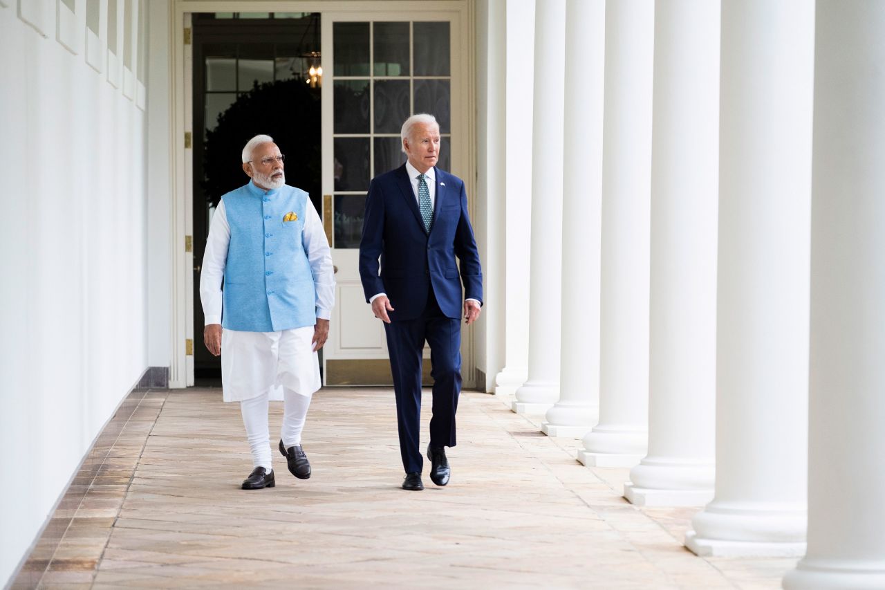US President Joe Biden and Indian Prime Minister Narendra Modi walk to a meeting at the White House in Washington, DC, during Modi's state visit to the US in June 2023.
