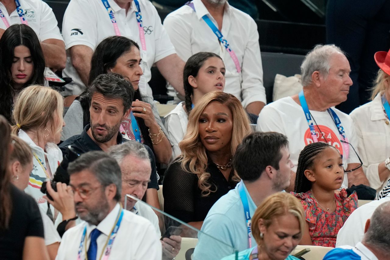 Serena Williams is seen in the stands before the women's artistic gymnastics team finals on Tuesday.