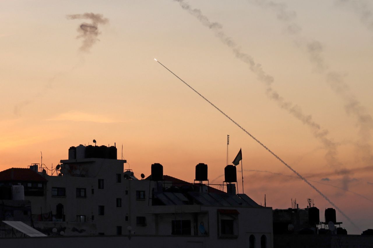 Rockets are fired from Gaza City as Israel's Iron Dome air defense system attempts to intercept them on October 7, 2023.