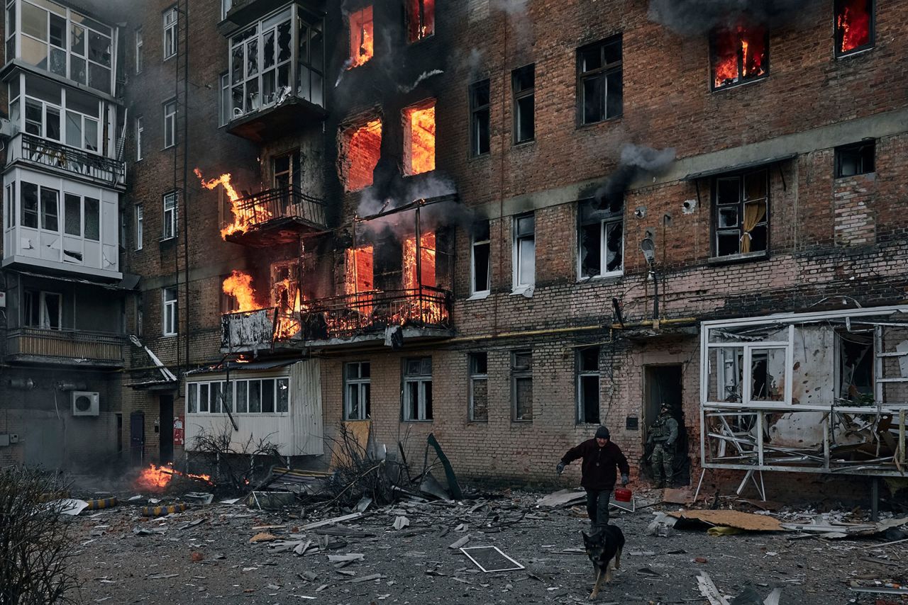 A?local resident leaves his home after Russian shelling destroyed an apartment house in Bakhmut, Ukraine, on December 7. 