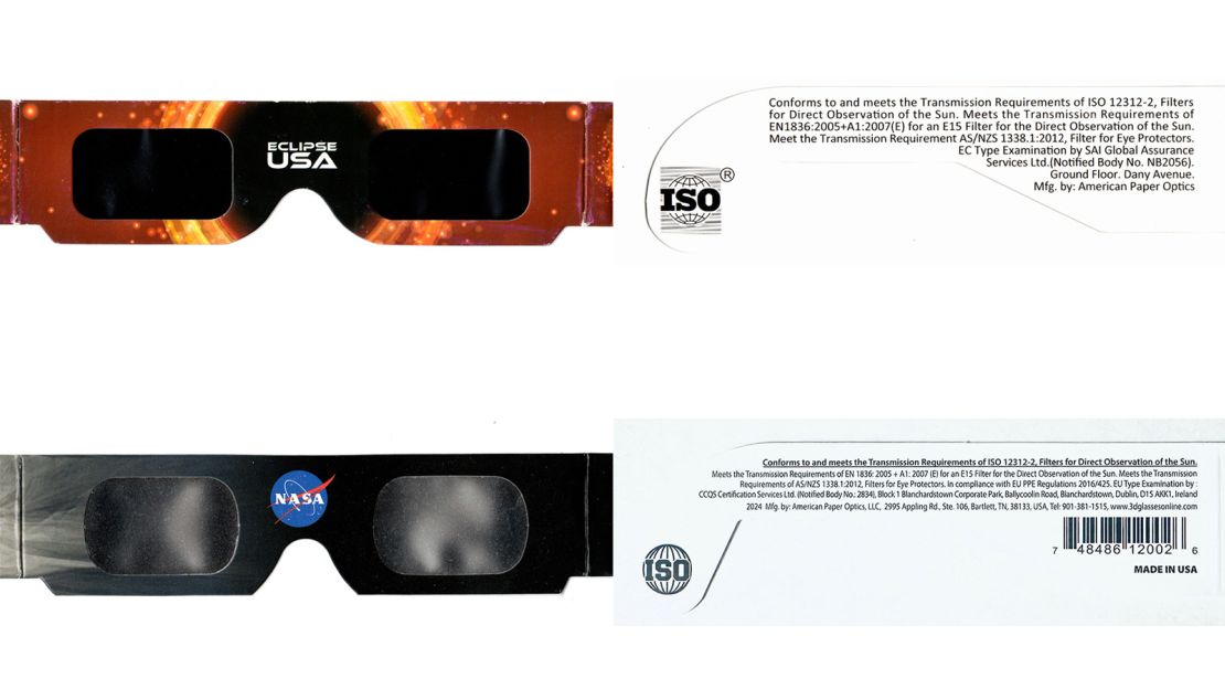 Counterfeit eclipse glasses with black lenses that have straight left and right edges from China (top) are printed with text copied from real eclipse glasses, but the counterfeit glasses are missing the company address. Meanwhile, real eclipse glasses from American Paper Optics (bottom) have reflective lenses with curved left and right edges.
