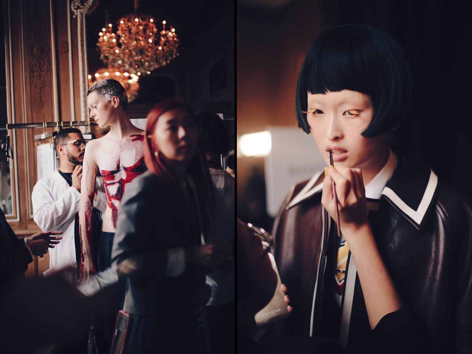 Models getting ready backstage at Thom Browne.