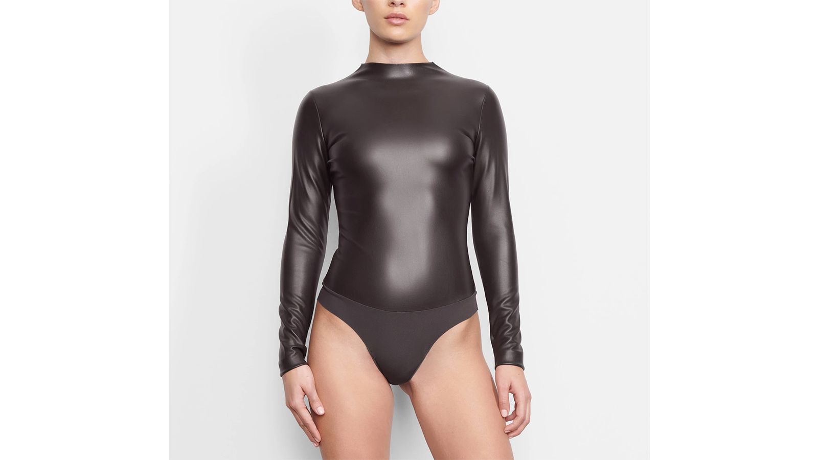 Track Faux Leather High Neck Bodysuit - Cocoa - XL at Skims