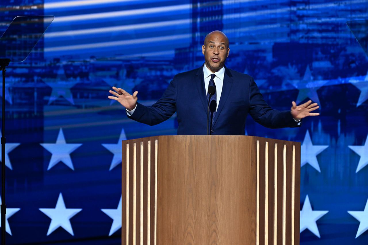 Sen. Cory Booker speaks during the third night of the DNC in Chicago, on Wednesday, August 21.