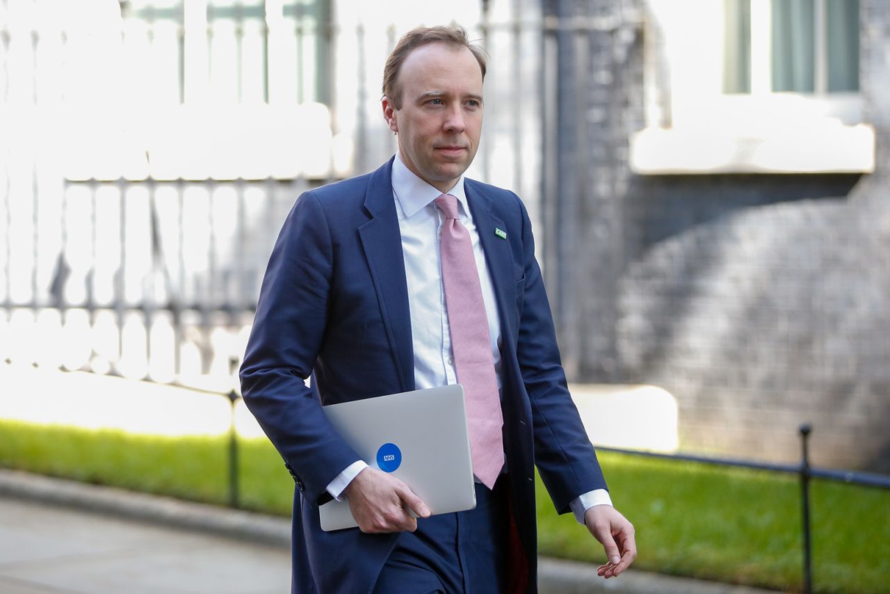 UK Health Minister Matt Hancock departs from number 10 Downing Street in London, on April 22.