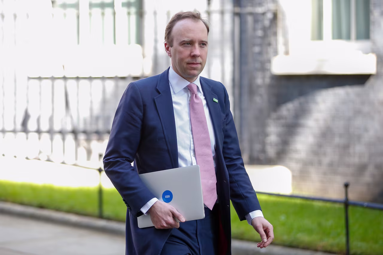 UK Health Minister Matt Hancock departs from number 10 Downing Street in London, on April 22.