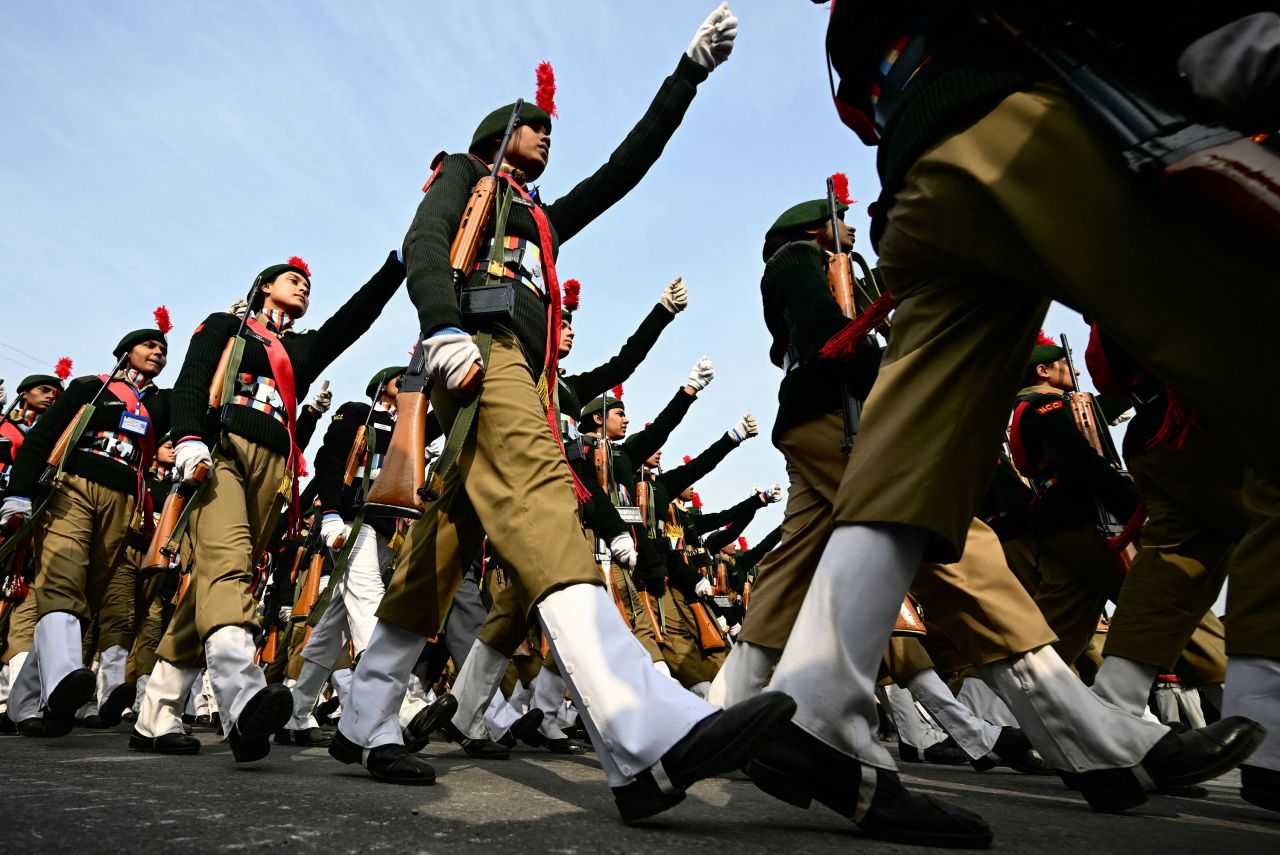 The National Cadet Corps personnel march during a rehearsal ahead of the Republic Day parade in New Delhi on January 17.
