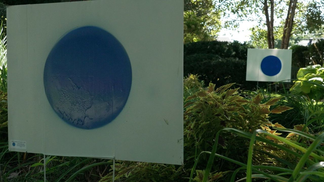 Yard signs with blue dots are seen in Omaha, Nebraska. 