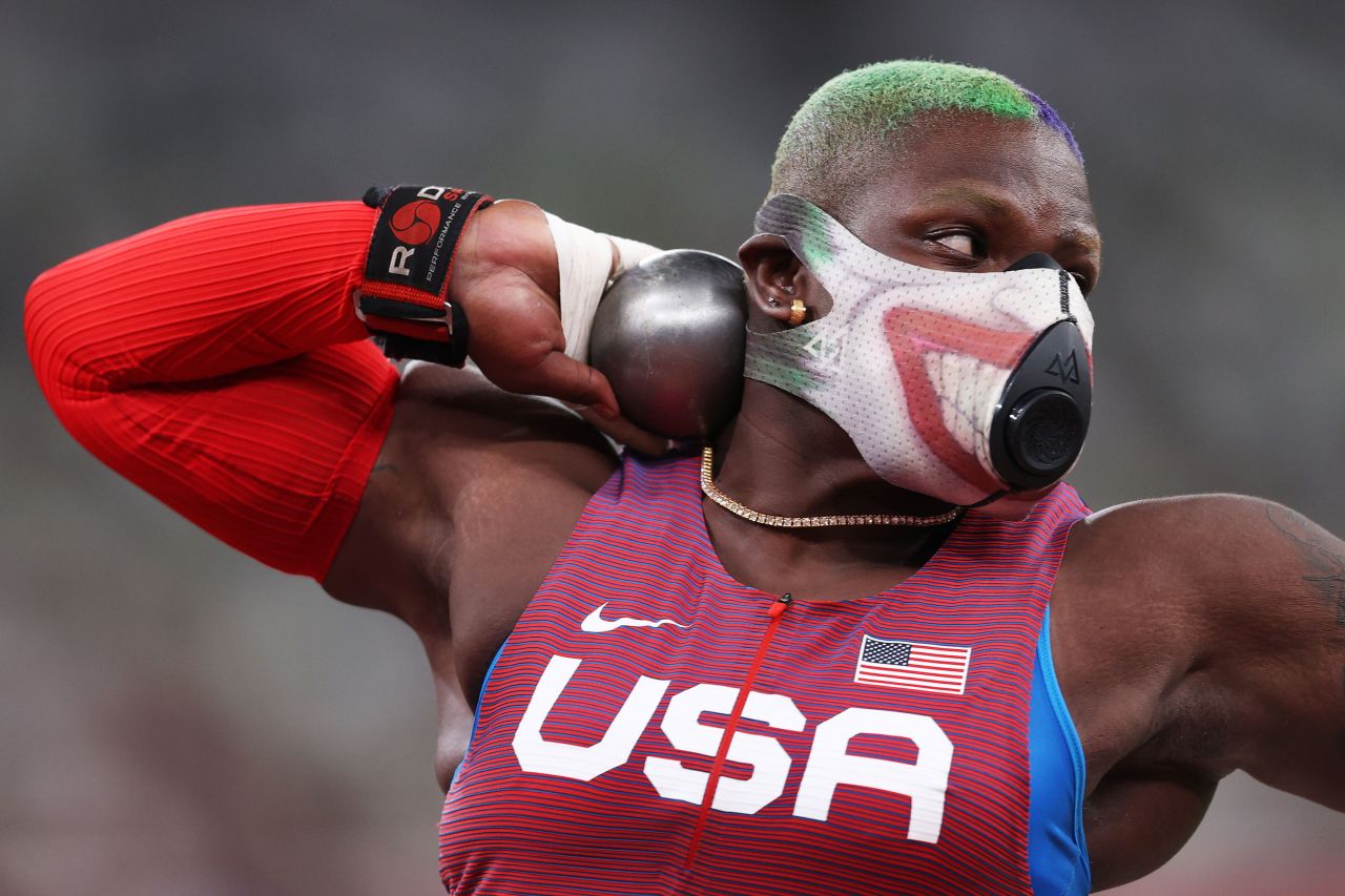 American Raven Saunders competes in the shot put qualification on July 30.