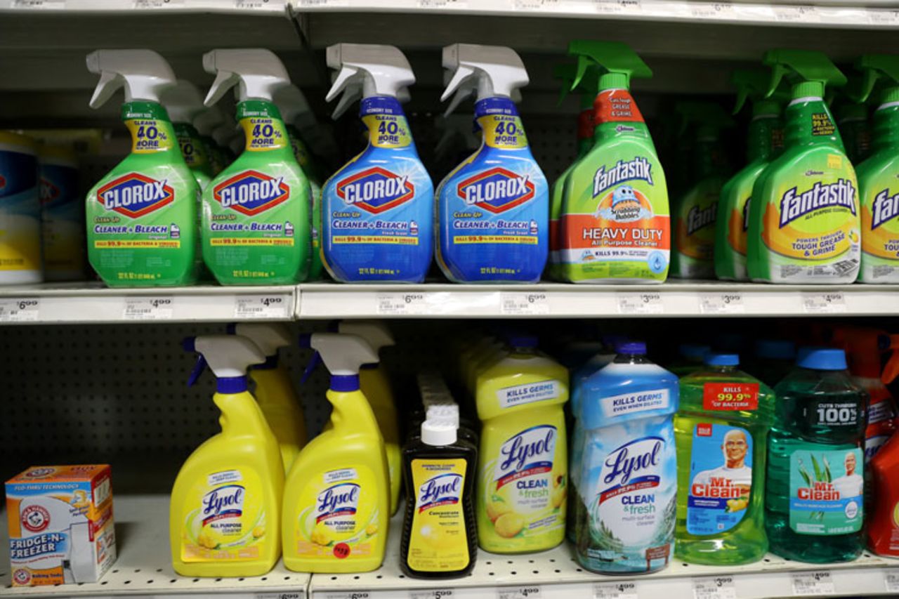 Cleaning products are displayed on a shelf at Jackson Hardware on March 2 in San Rafael, California. 