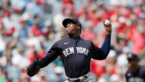 New York Yankees pitcher Aroldis Chapman throws during a spring training game in March.