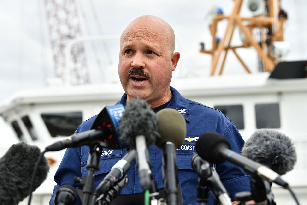 US Coast Guard Captain Jamie Frederick speaks during a press conference in Boston on Tuesday.