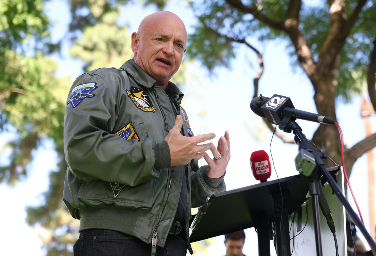 Sen. Mark Kelly speaks at a press conference outside the Arizona State Capitol in Phoenix in 2022.